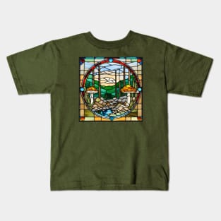 Golden Capped Mushroom Forest Stained Glass Kids T-Shirt